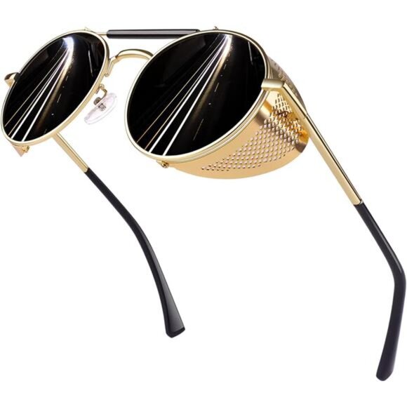 Retro Round Polarized Steampunk Sunglasses Men Women Side Shield Goggles Gothic